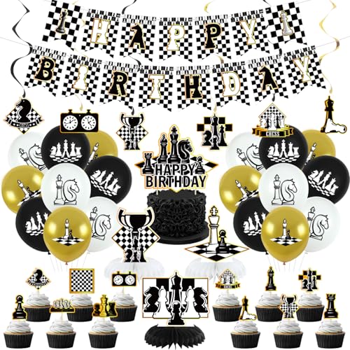 Obussgar Chess Birthday Party Decoration Set – 41 Pieces Including Banner, Balloons, Cake Toppers & More