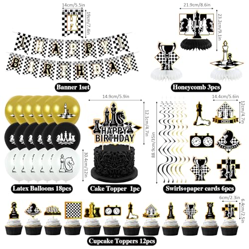 Obussgar Chess Birthday Party Decoration Set – 41 Pieces Including Banner, Balloons, Cake Toppers & More