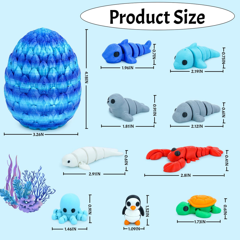 Ocean Animals Egg Surprise Toy Set – 3D Printed Articulated Mini Marine Creatures Gift for Kids