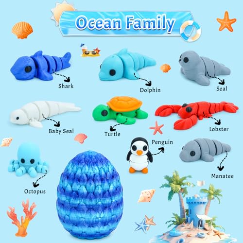 Ocean Animals Egg Surprise Toy Set – 3D Printed Articulated Mini Marine Creatures Gift for Kids