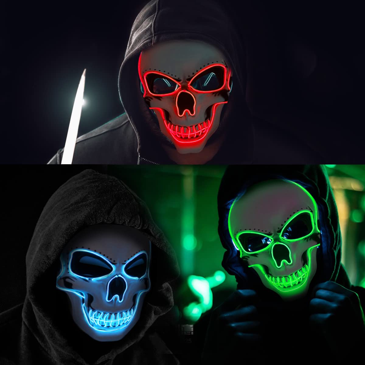 OceanWings Halloween LED Light-Up Mask - Blue Glowing Scary Skull Mask with 4 Modes, Adjustable Strap, for Parties