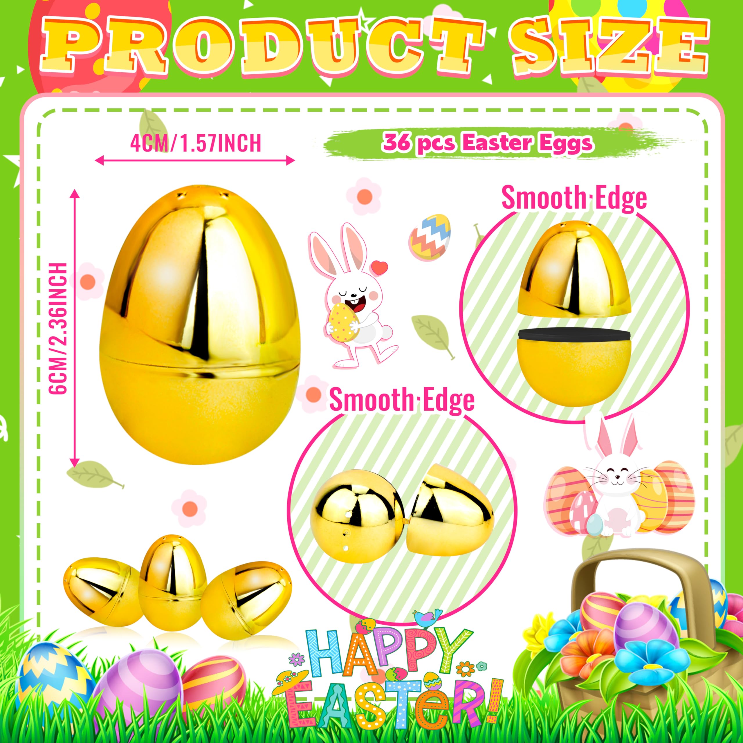 OCTERIC 36-Pack Shiny Golden Plastic Easter Eggs (2.3 inch) – Fillable Empty Eggs for Hunts, Baskets, and Party Favors