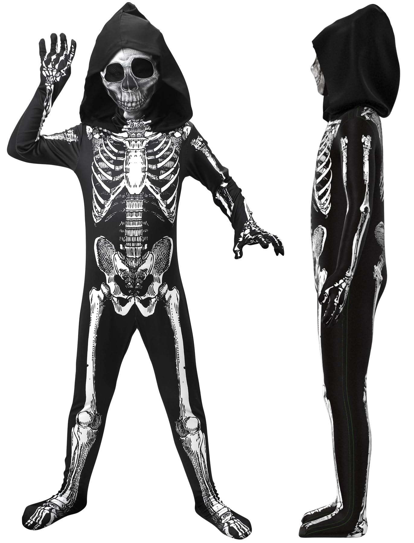 ODESABO Kids Skeleton Costume – Hooded Jumpsuit with Mask for Halloween