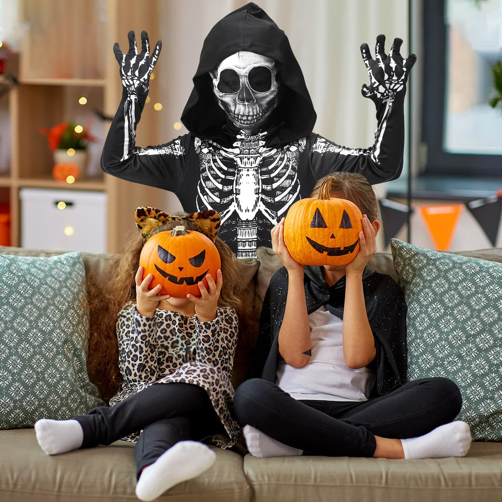 ODESABO Kids Skeleton Costume – Hooded Jumpsuit with Mask for Halloween