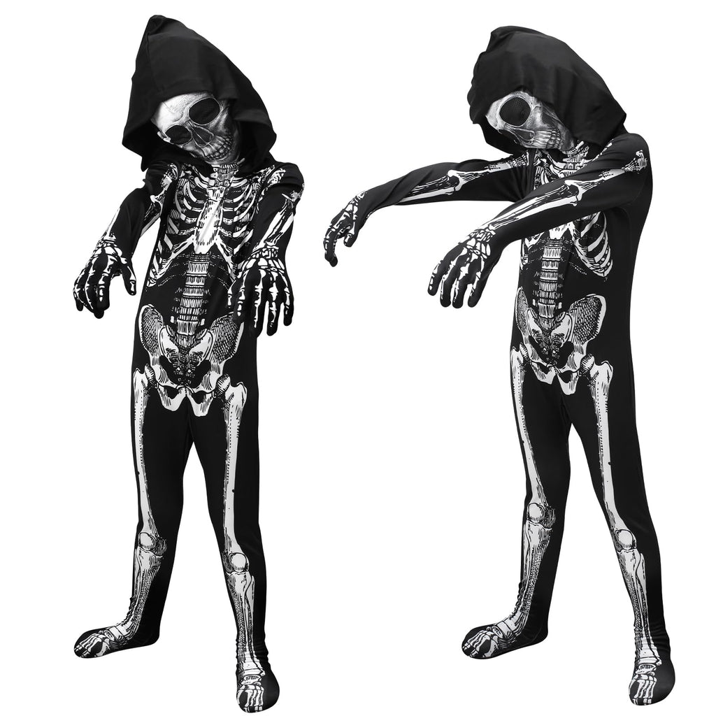 ODESABO Kids Skeleton Costume – Hooded Jumpsuit with Mask for Halloween