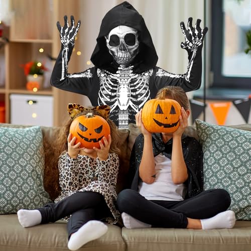 ODESABO Kids Skeleton Costume – Hooded Jumpsuit with Mask for Halloween