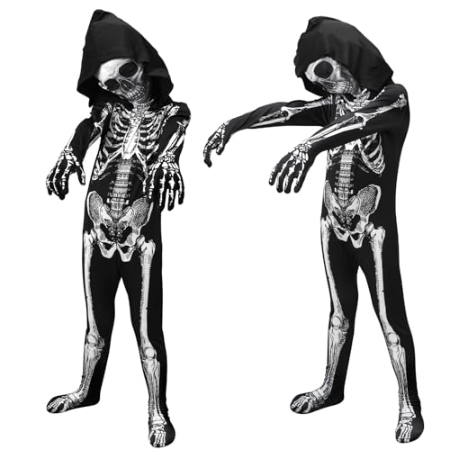 ODESABO Kids Skeleton Costume – Hooded Jumpsuit with Mask for Halloween