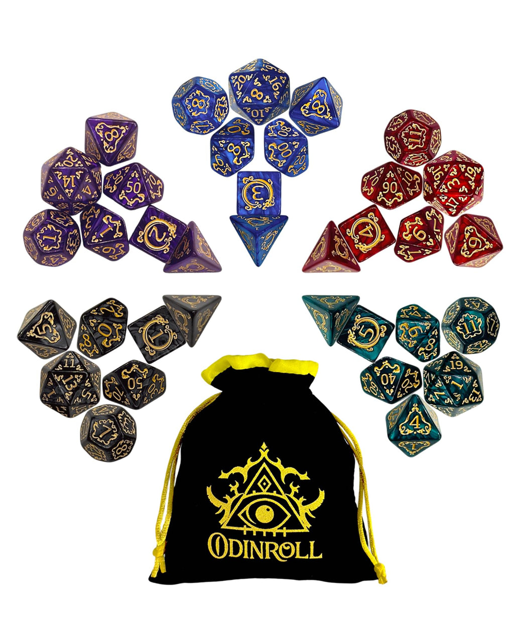ODINROLL 42 Polyhedral Dice Set: 6 Full Sets with D20, D12, D10, D8, D6, D4 and Storage Pouch