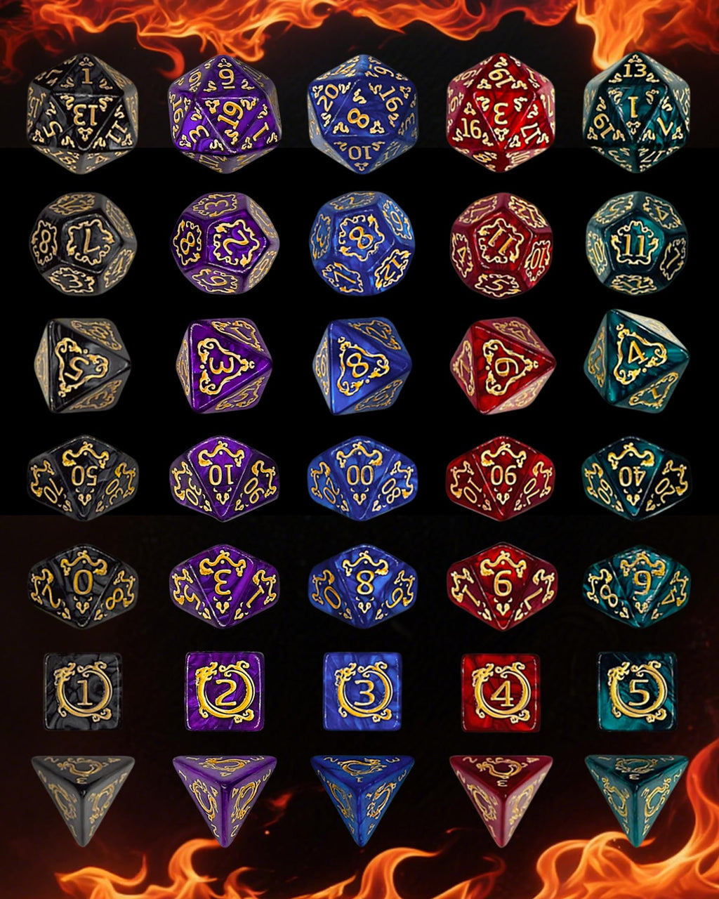 ODINROLL 42 Polyhedral Dice Set: 6 Full Sets with D20, D12, D10, D8, D6, D4 and Storage Pouch