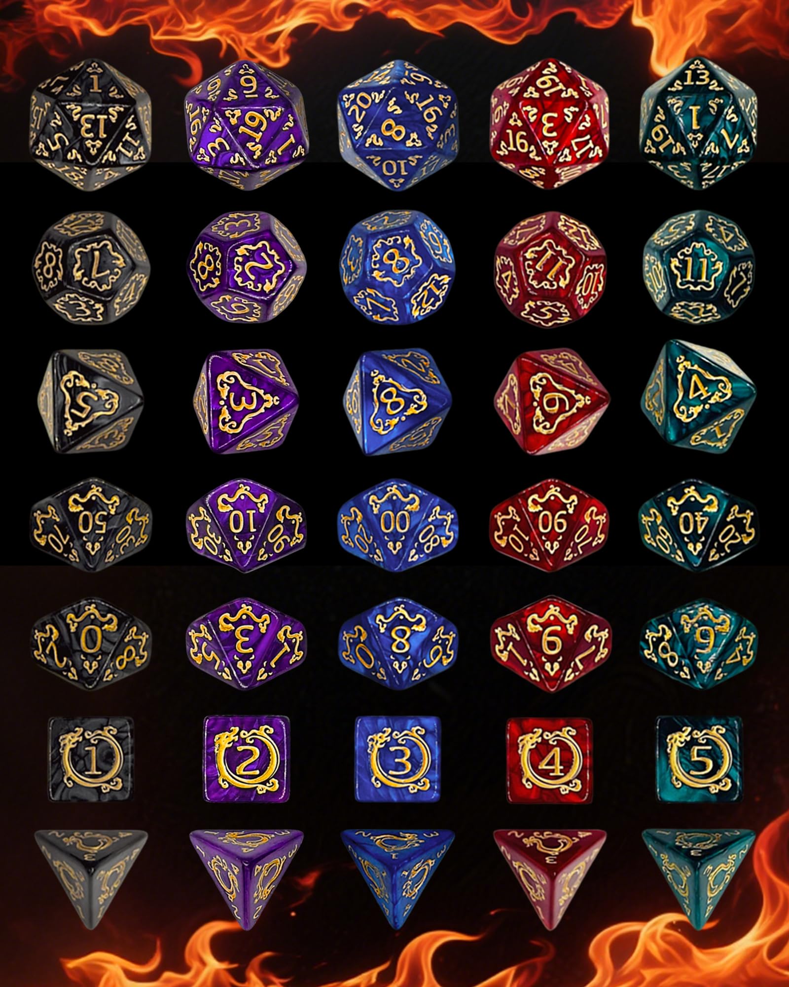 ODINROLL 42 Polyhedral Dice Set: 6 Full Sets with D20, D12, D10, D8, D6, D4 and Storage Pouch