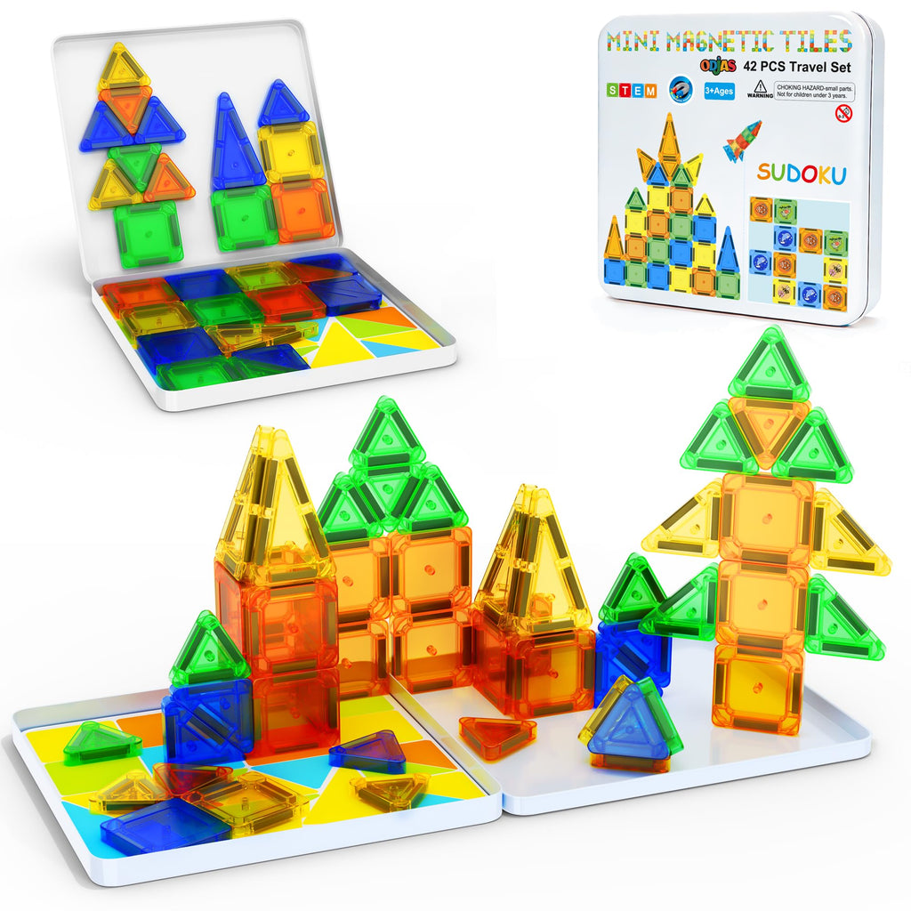 Odjas Mini Magnetic Tiles Travel Set 42-Piece with Case, Bonus Sudoku Game, STEM Learning Toy for On-the-Go Play
