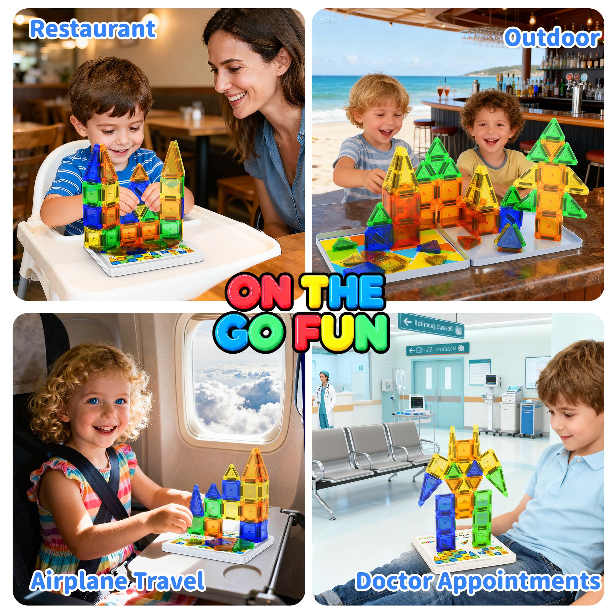 Odjas Mini Magnetic Tiles Travel Set 42-Piece with Case, Bonus Sudoku Game, STEM Learning Toy for On-the-Go Play