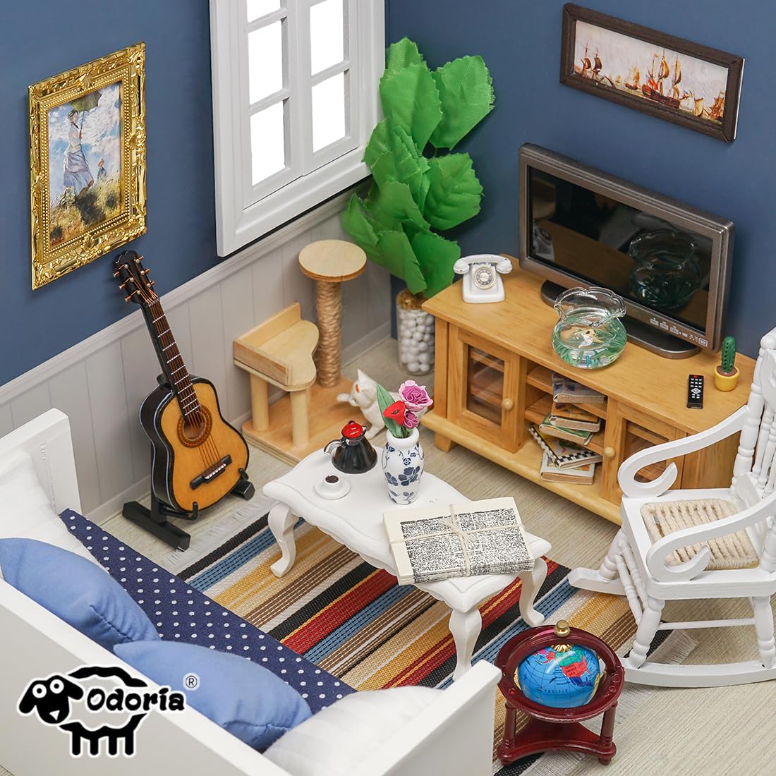 Odoria 1/12 Scale Dollhouse TV Stand with Television – White Miniature Living Room Furniture
