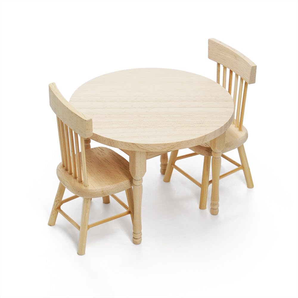 Odoria 1:12 Scale Miniature Wooden Dining Table & 2 Chairs for Dollhouse Kitchen - Unpainted Burlywood