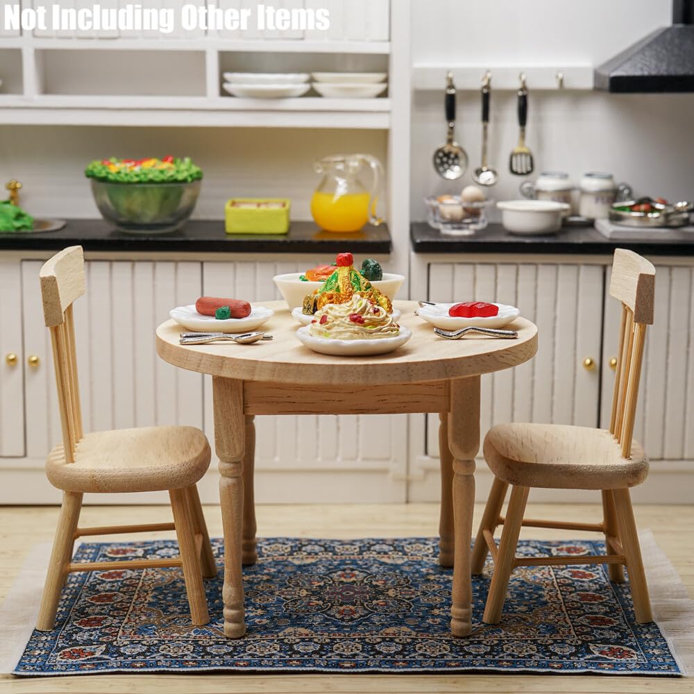 Odoria 1:12 Scale Miniature Wooden Dining Table & 2 Chairs for Dollhouse Kitchen - Unpainted Burlywood