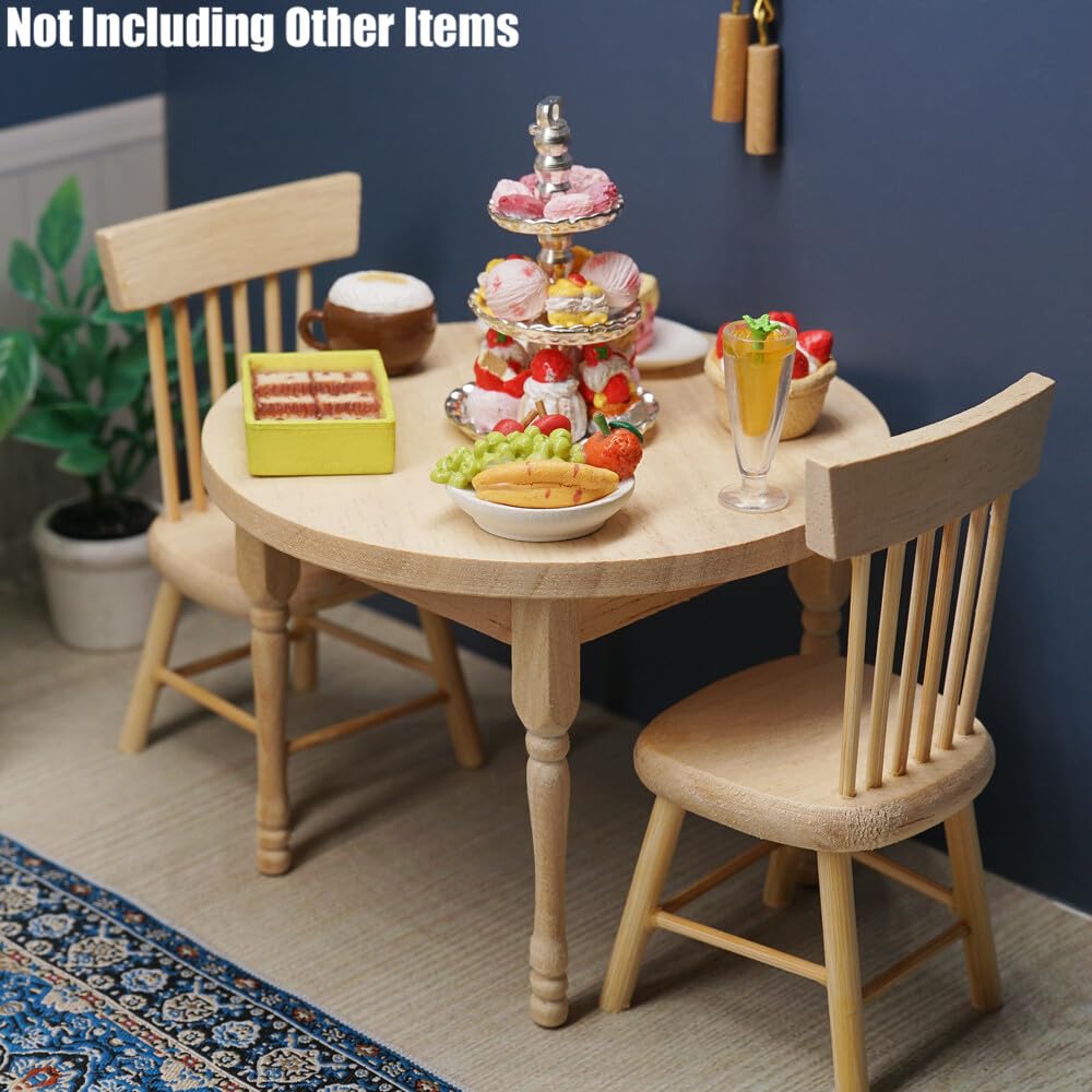 Odoria 1:12 Scale Miniature Wooden Dining Table & 2 Chairs for Dollhouse Kitchen - Unpainted Burlywood
