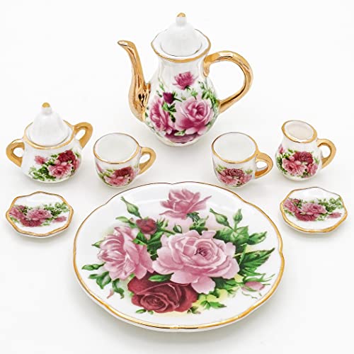 Odoria 1/6 Scale Porcelain Tea Set 8 Pieces for Dollhouse – Red Rose Design