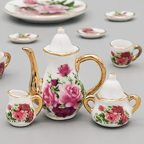 Odoria 1/6 Scale Porcelain Tea Set 8 Pieces for Dollhouse – Red Rose Design