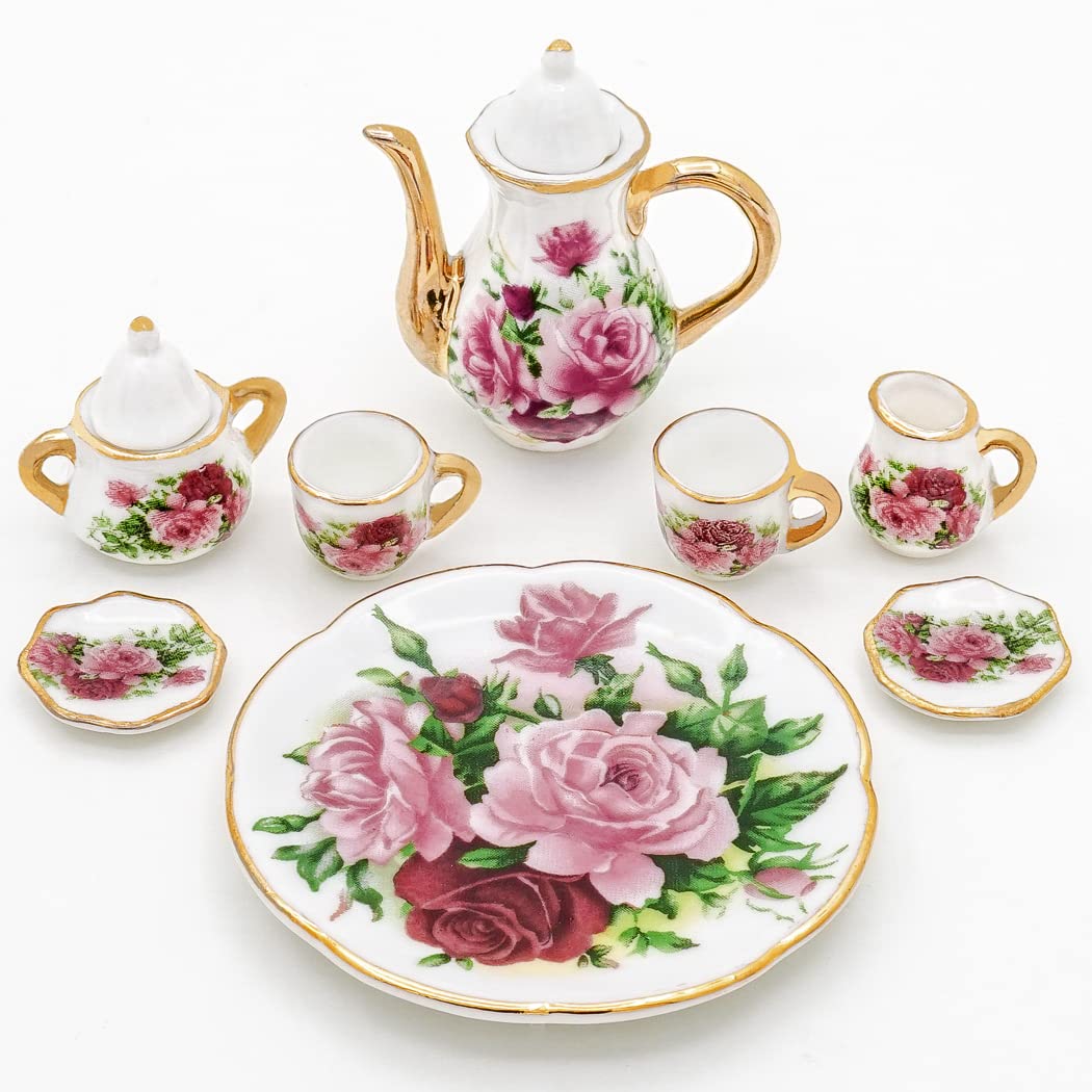 Odoria 1/6 Scale Porcelain Tea Set 8 Pieces for Dollhouse – Red Rose Design