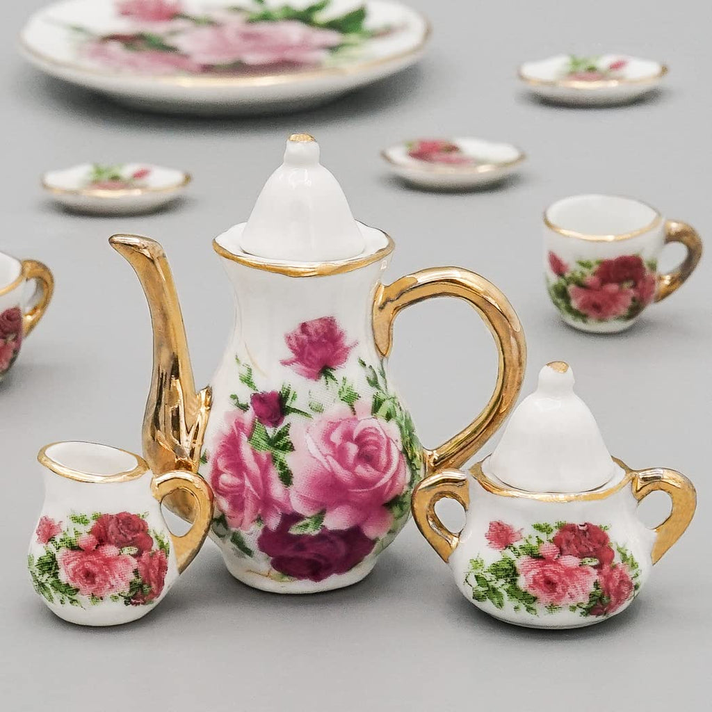 Odoria 1/6 Scale Porcelain Tea Set 8 Pieces for Dollhouse – Red Rose Design