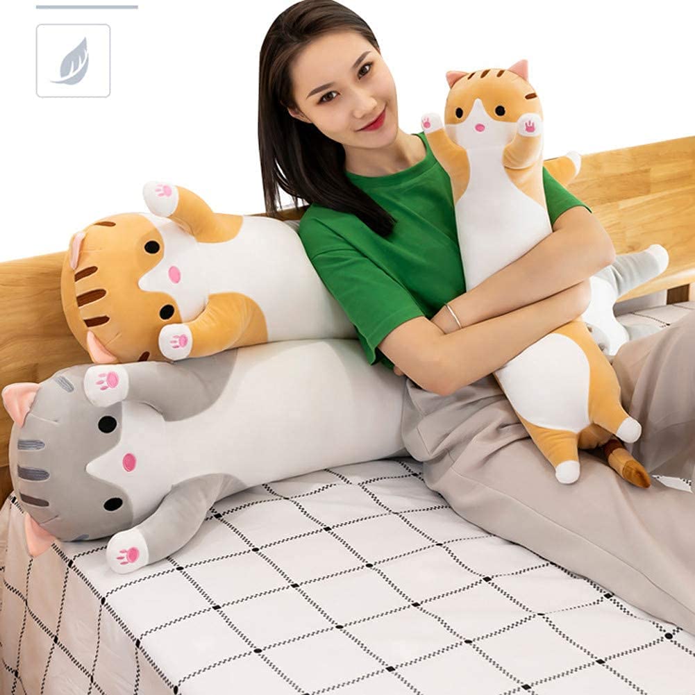 Oeonuas 19-Inch Gray Cat Plush Pillow – Long Body Cuddle Toy for Kids
