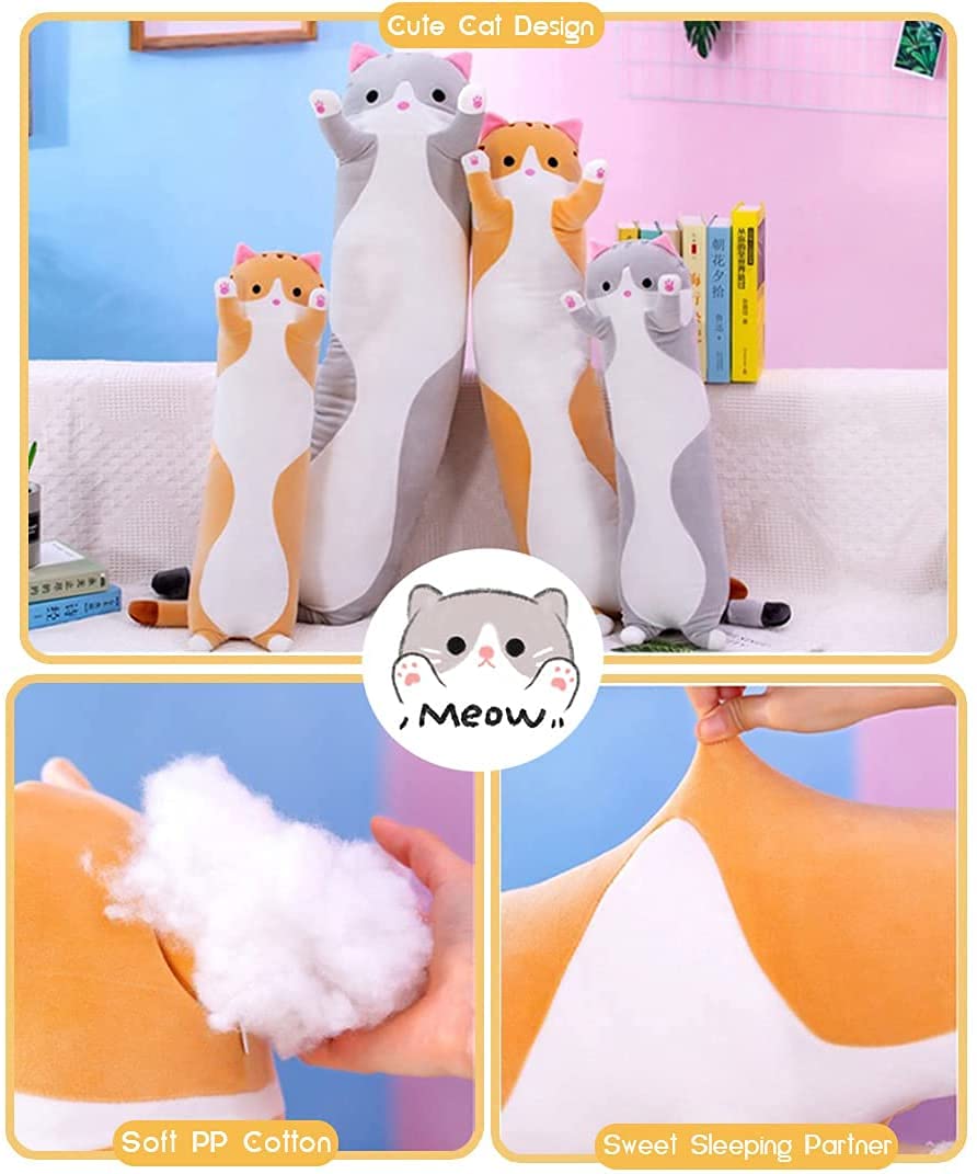 Oeonuas 19-Inch Gray Cat Plush Pillow – Long Body Cuddle Toy for Kids