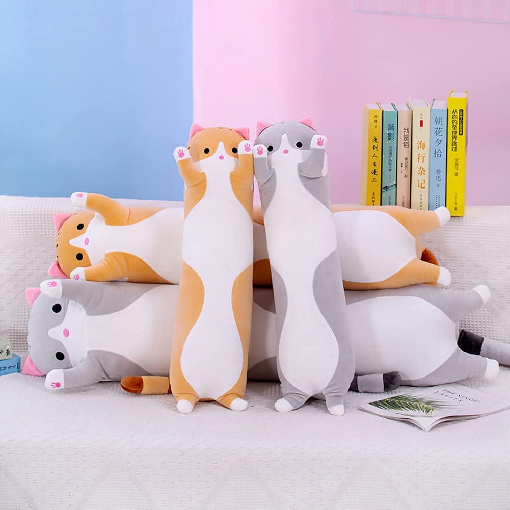 Oeonuas 19-Inch Gray Cat Plush Pillow – Long Body Cuddle Toy for Kids