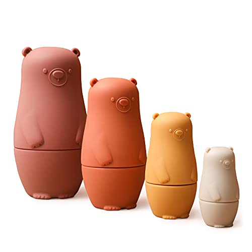OESSUF Silicone Russian Nesting Dolls – 4-Piece Bear Matryoshka Toy for Toddlers (Red)