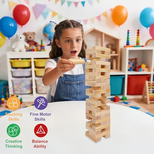 Offelec 54-Piece Wooden Blocks Stacking Game – Classic Tumbling Tower for Kids & Adults, Family Board Game with Natural Hardwood Blocks, Portable Party Game