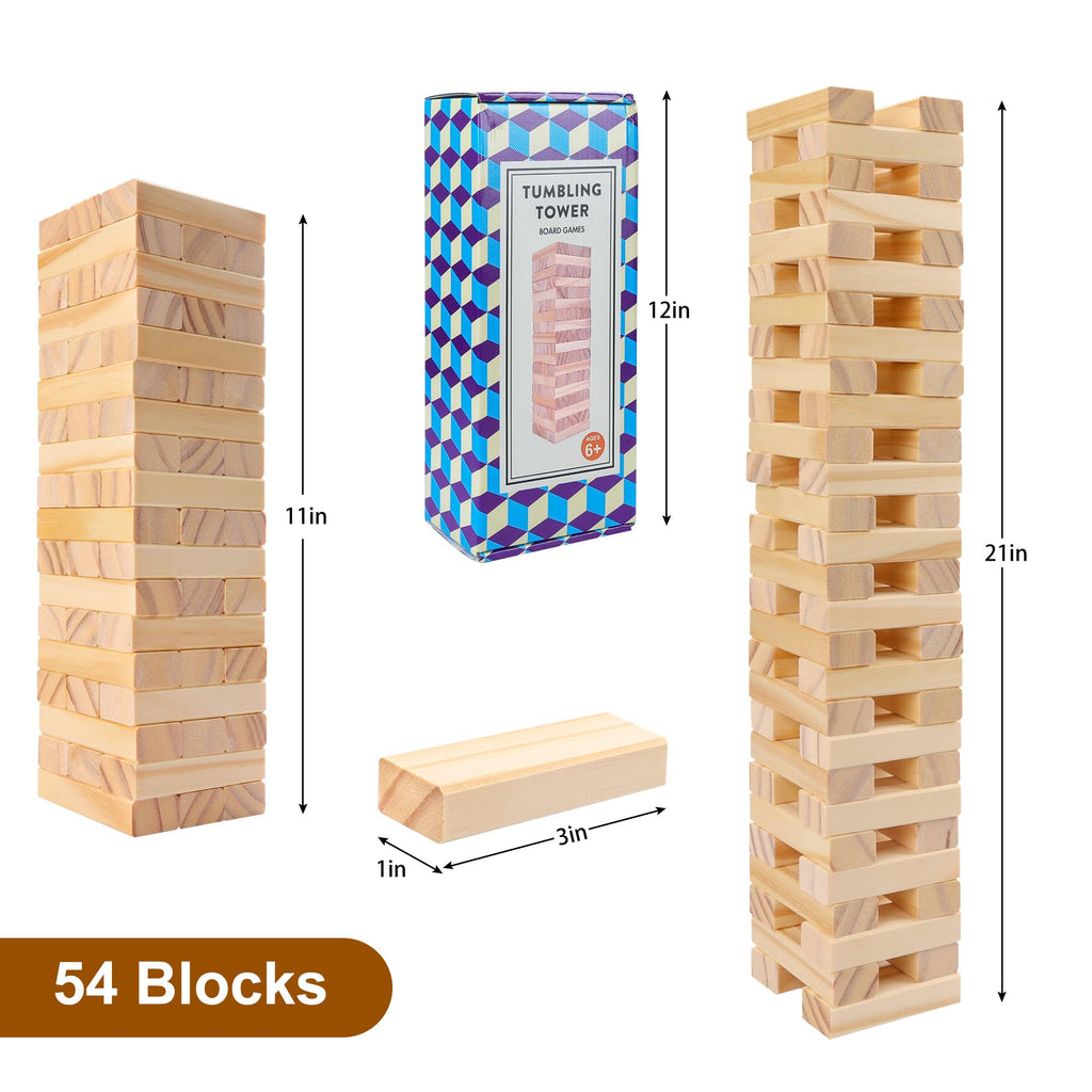 Offelec 54-Piece Wooden Blocks Stacking Game – Classic Tumbling Tower for Kids & Adults, Family Board Game with Natural Hardwood Blocks, Portable Party Game