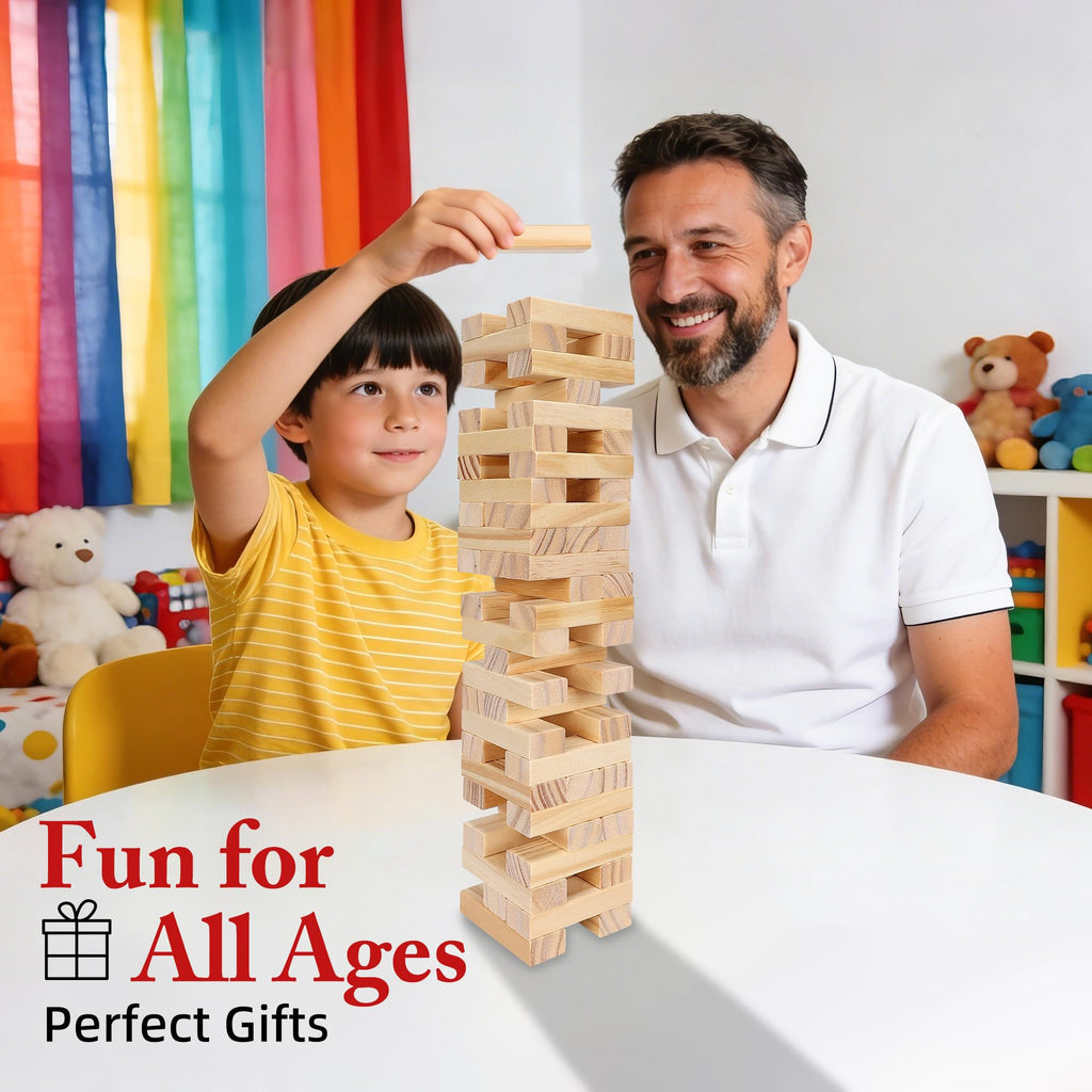 Offelec 54-Piece Wooden Blocks Stacking Game – Classic Tumbling Tower for Kids & Adults, Family Board Game with Natural Hardwood Blocks, Portable Party Game