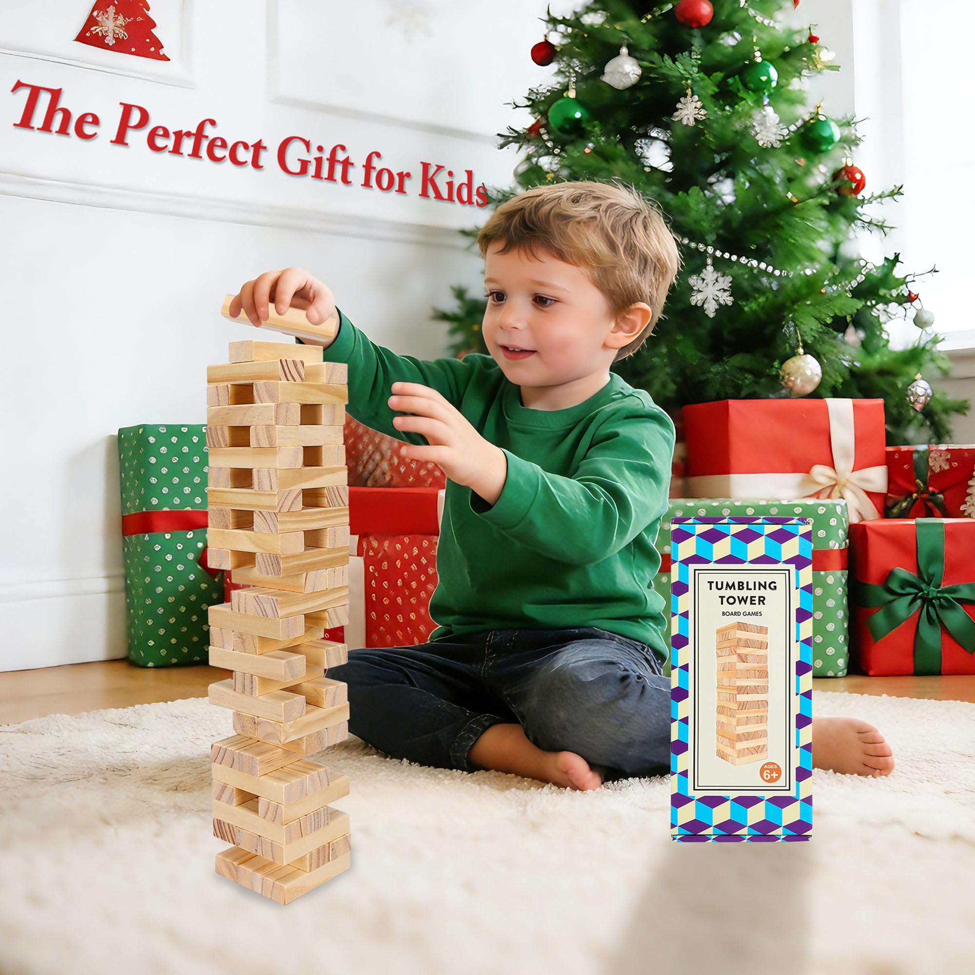 Offelec 54-Piece Wooden Blocks Stacking Game – Classic Tumbling Tower for Kids & Adults, Family Board Game with Natural Hardwood Blocks, Portable Party Game