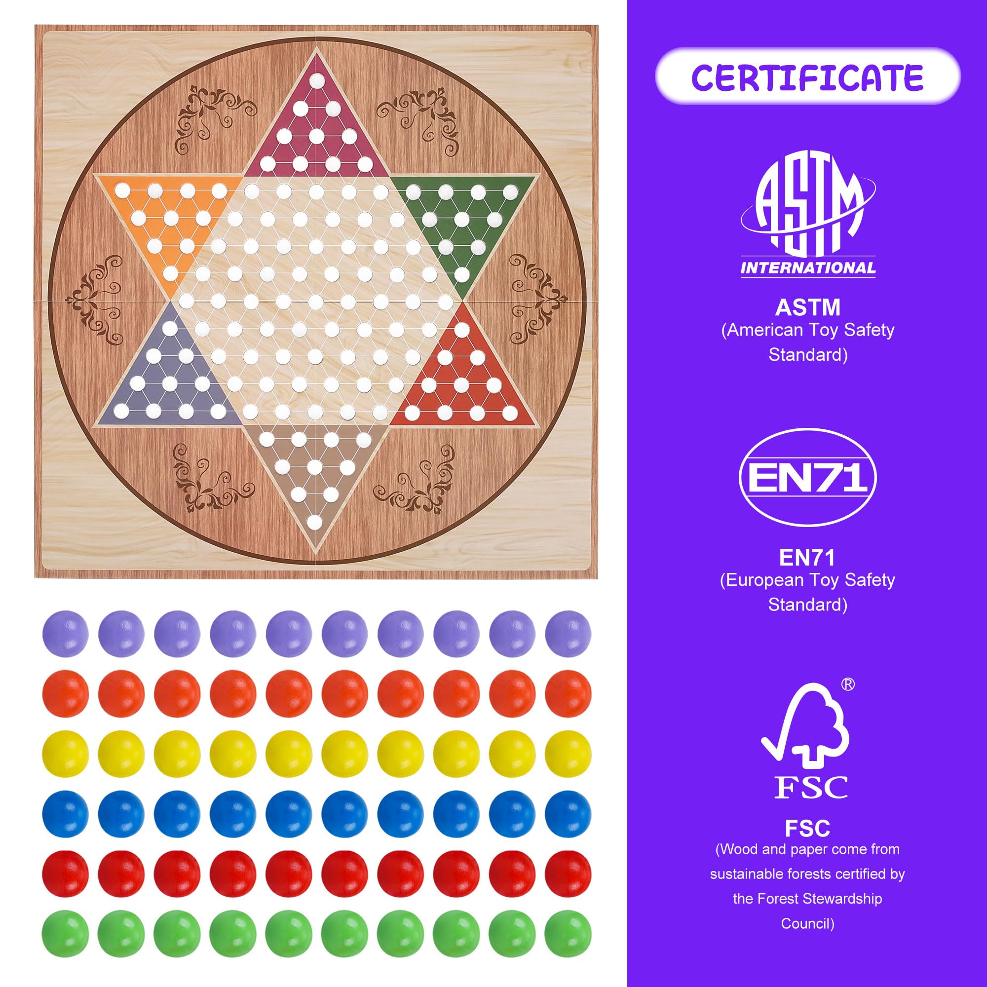 Offelec Classic Chinese Checkers Set – 13.5-Inch Foldable Board with 60 Acrylic Marbles for 2-6 Players, Family Game Night & Travel
