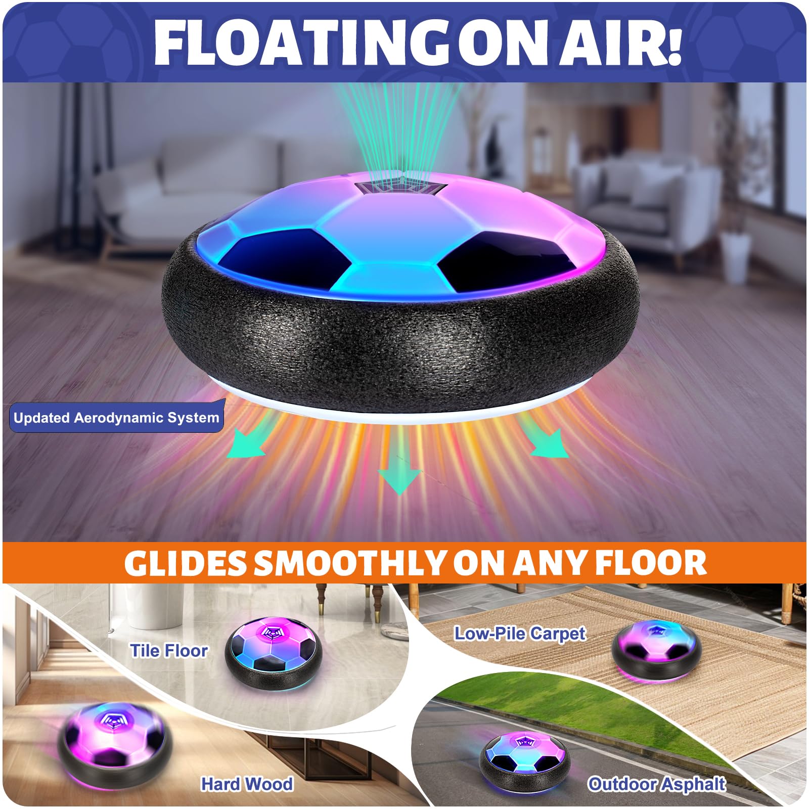 Officygnet Hover Soccer Ball with LED Lights for Kids Ages 4-12 - Indoor Air Floating Soccer Toy