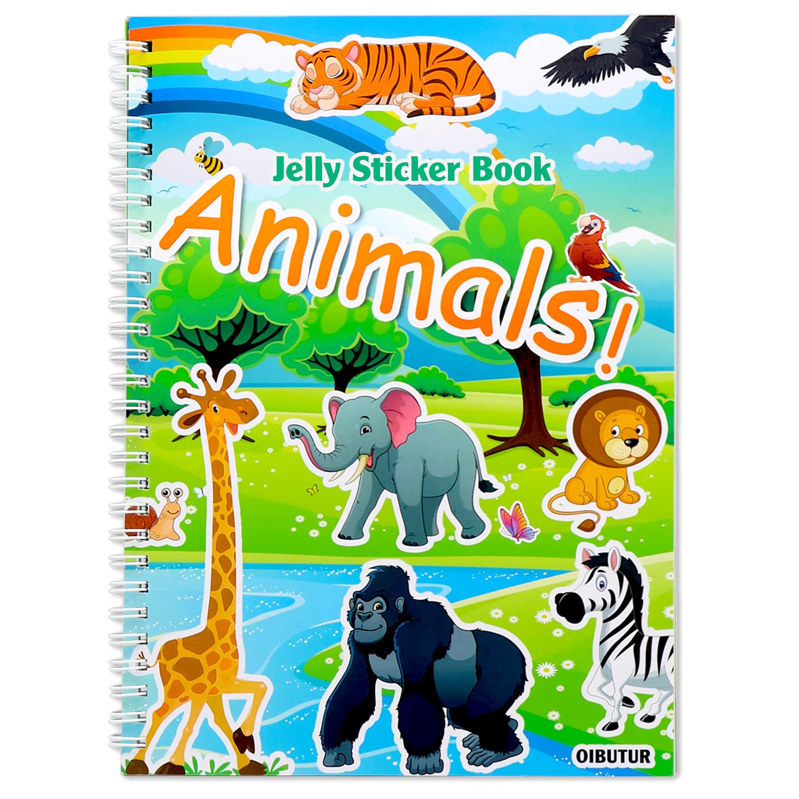 OIBUTUR Reusable Jelly Sticker Book for Toddlers 2-4 - 51 Animal Stickers, Silicone Travel Activities for Plane
