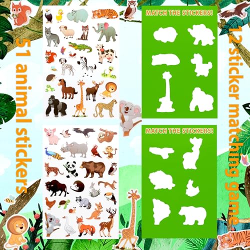 OIBUTUR Reusable Jelly Sticker Book for Toddlers 2-4 - 51 Animal Stickers, Silicone Travel Activities for Plane