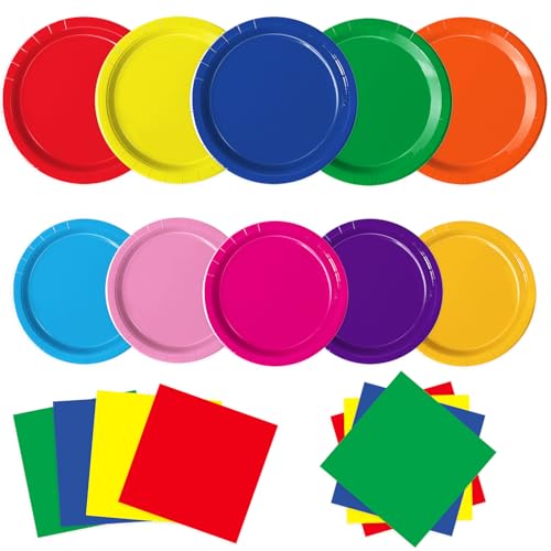 Oigco 60 PCS Colorful Paper Plates and Napkins Set – Pastel Rainbow Disposable Tableware for Parties, Birthdays, Baby Showers