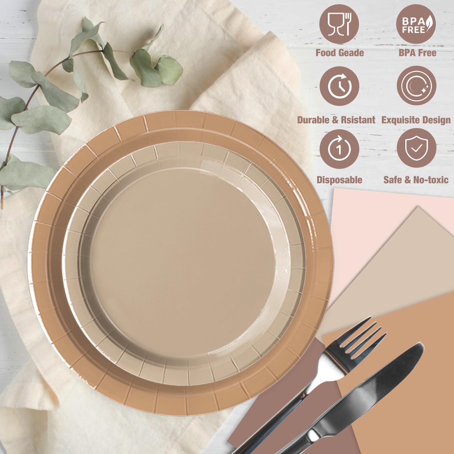 Oigco 60-Piece Brown Boho Paper Plates and Napkins Set – Gradient Dinner & Dessert Plates for Baby Shower, Birthday, Wedding Party Supplies