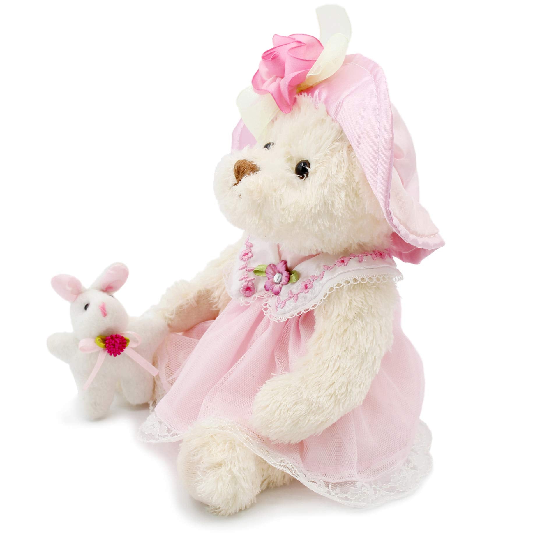 Oitscute 10 Inch Baby Teddy Bear with Pink Lace Dress and Rabbit Design – Super Soft Plush Toy for Ages 1+