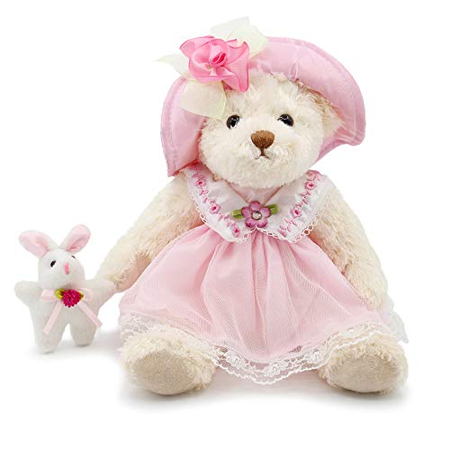 Oitscute 10 Inch Baby Teddy Bear with Pink Lace Dress and Rabbit Design – Super Soft Plush Toy for Ages 1+