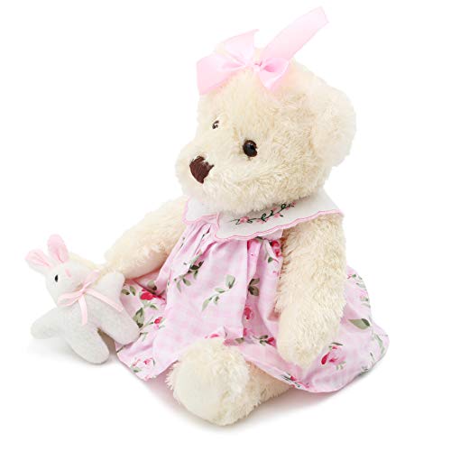 Oitscute 10" Plush Teddy Bear in Pink Dress with Rabbit Design – Soft Stuffed Animal for Ages 1+