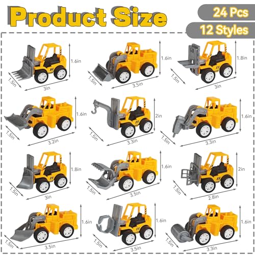 OJYUDD Set of 24 Mini Construction Vehicles – Pull-Back Toy Trucks for Kids, Party Favors, and Rewards