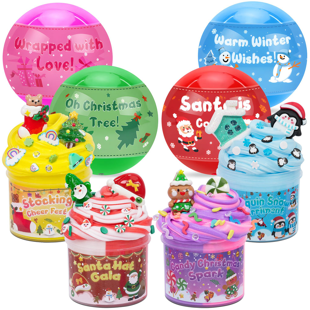 Okaybee 4 Pack Christmas Slime Balls with Charms - Holiday Themed Slime Kit for Kids Ages 4-12