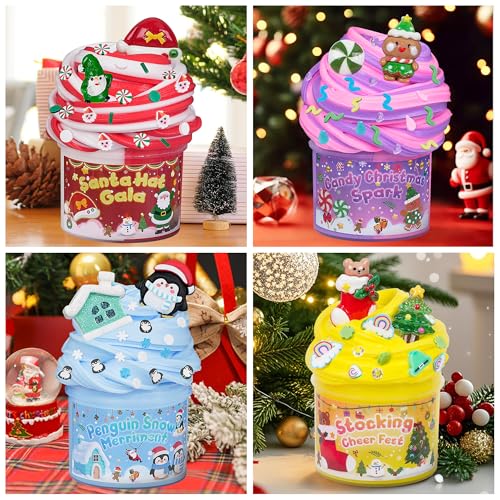 Okaybee 4 Pack Christmas Slime Balls with Charms - Holiday Themed Slime Kit for Kids Ages 4-12