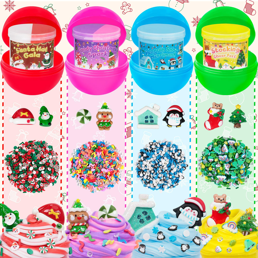 Okaybee 4 Pack Christmas Slime Balls with Charms - Holiday Themed Slime Kit for Kids Ages 4-12