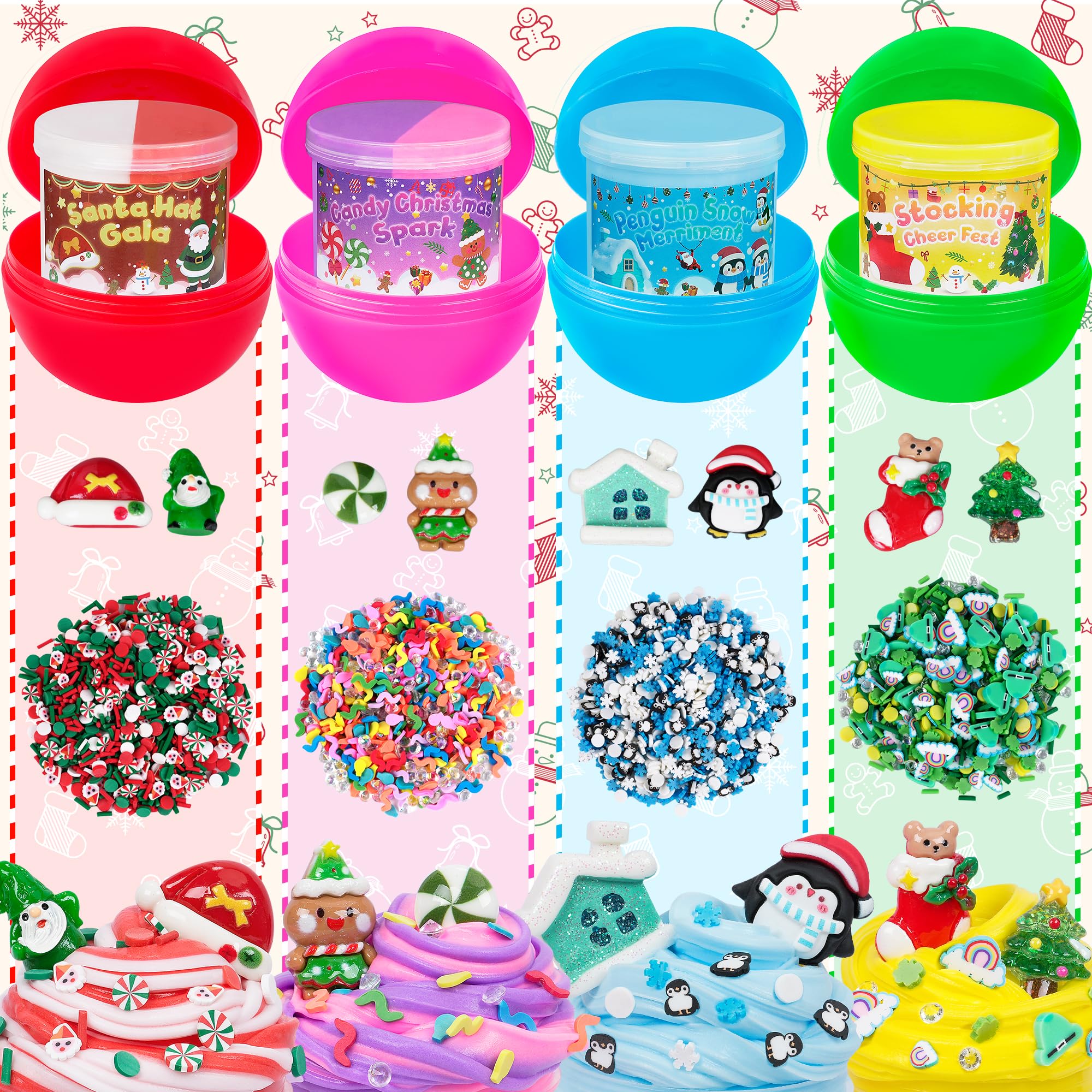 Okaybee 4 Pack Christmas Slime Balls with Charms - Holiday Themed Slime Kit for Kids Ages 4-12