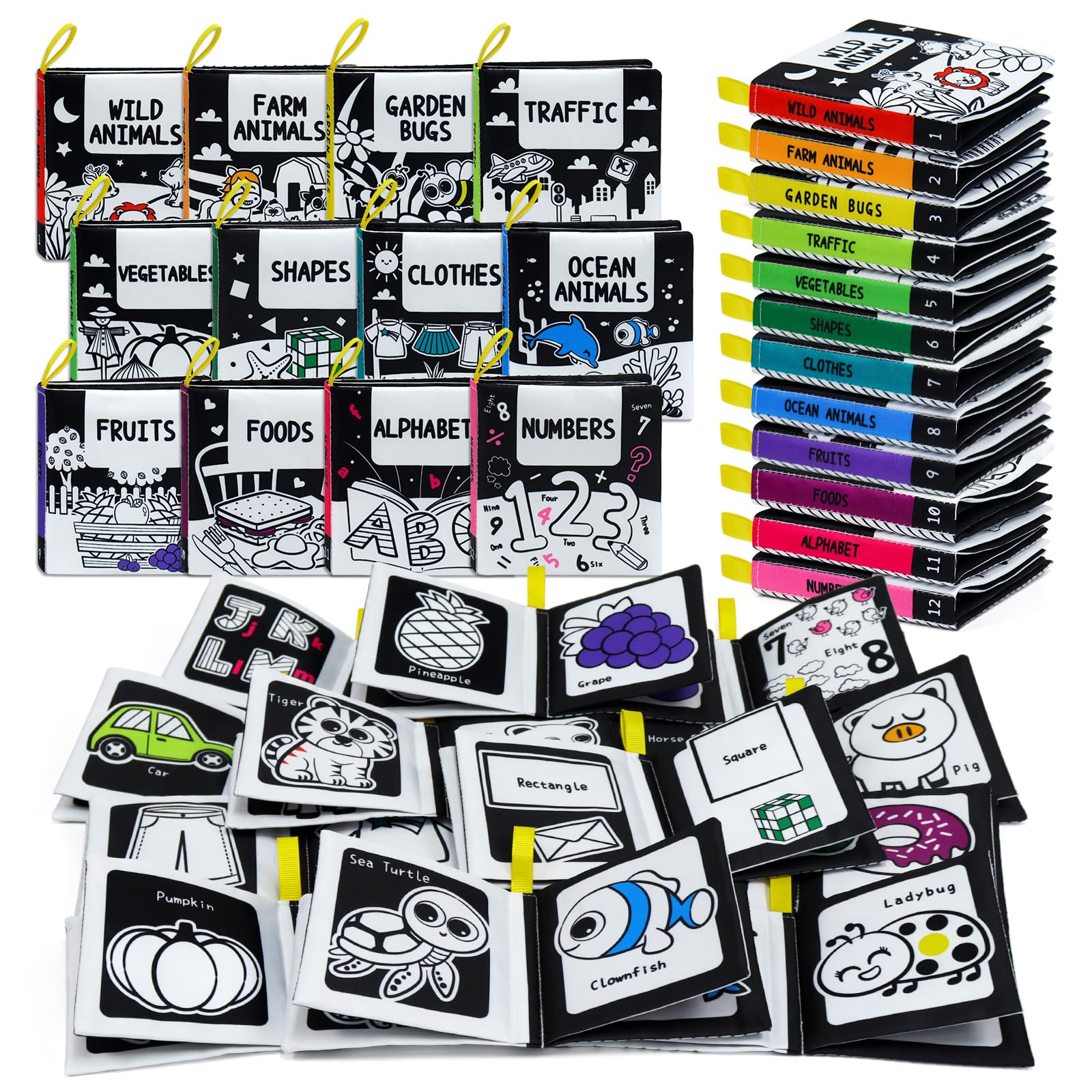 OKOOKO 12-Pack High Contrast Soft Baby Books – Crinkle Cloth Bath Books for Newborns and Infants