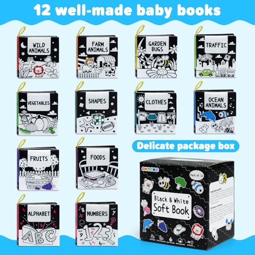 OKOOKO 12-Pack High Contrast Soft Baby Books – Crinkle Cloth Bath Books for Newborns and Infants