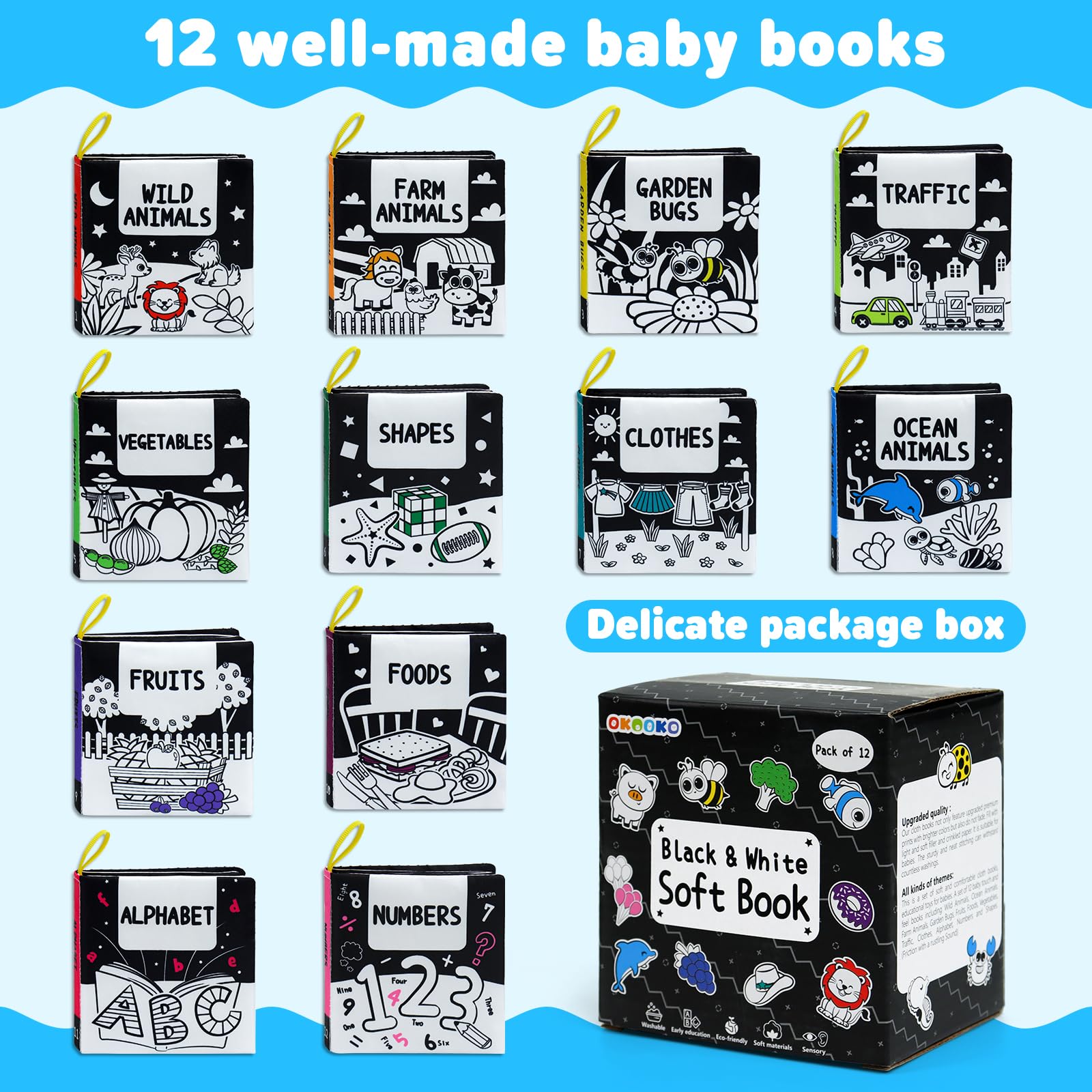 OKOOKO 12-Pack High Contrast Soft Baby Books – Crinkle Cloth Bath Books for Newborns and Infants