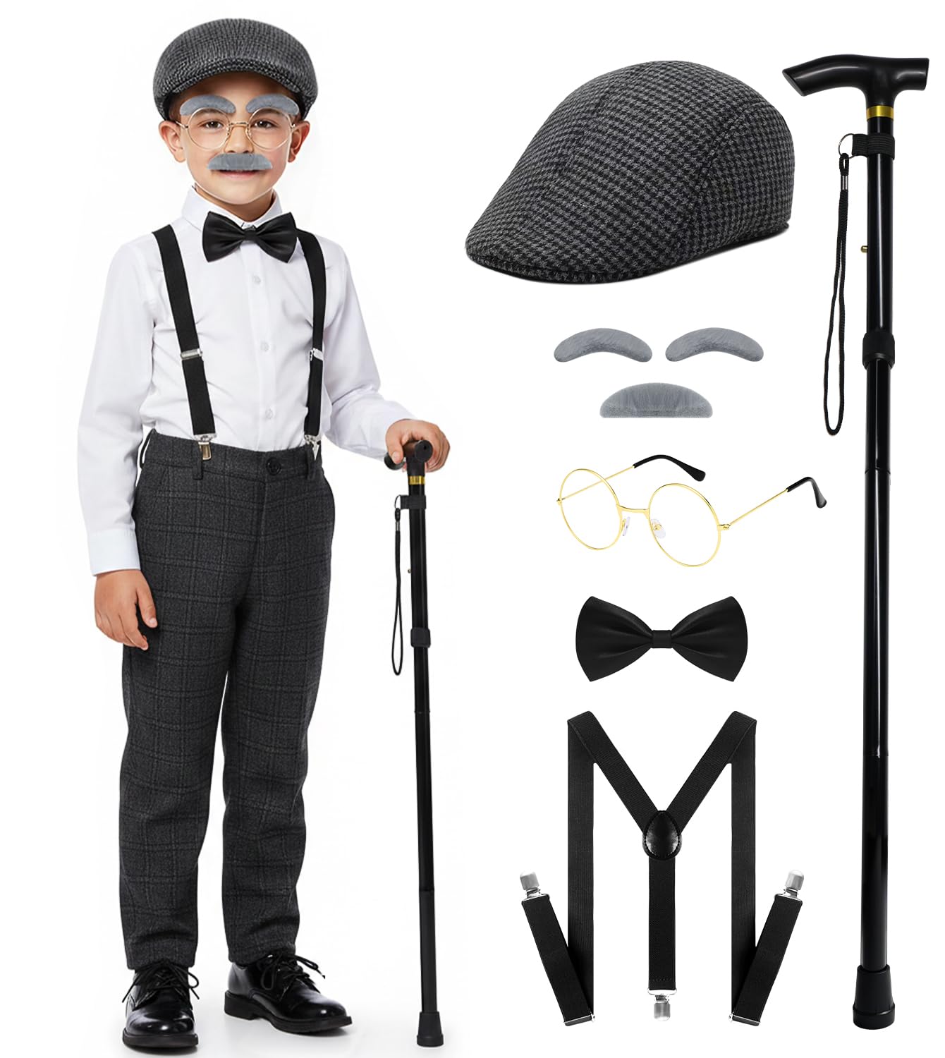 Old Man Costume for Kids – 100 Days of School Set with Hat, Glasses, Suspenders & Cane